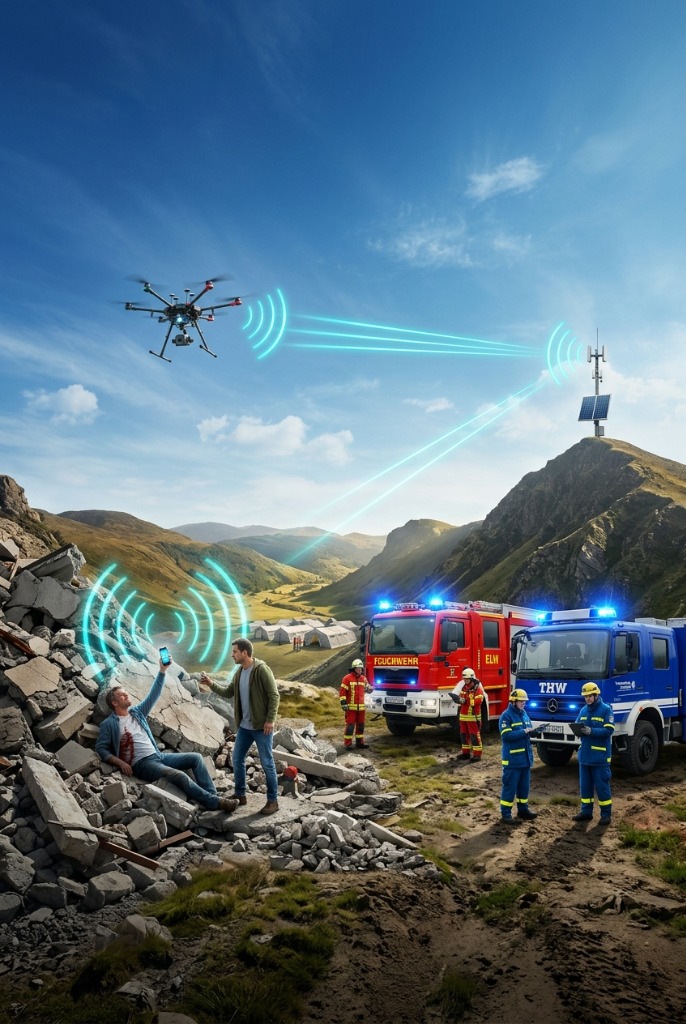 KALYPSO Zivilschutz-Einsatz mit Drohnen-LoRa-Relais, Solar-Funkmast, Feuerwehr und THW